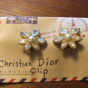 Christian Dior gold tone with rhinestone and pearl clip earrings